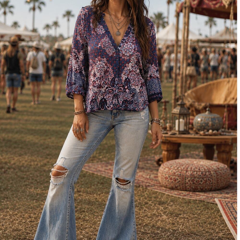 Siren Lily Bohemian Roll-Tab Tunic Ornate Paisley & Geometric Mesh Blouse Size M - Picture 2 of 7